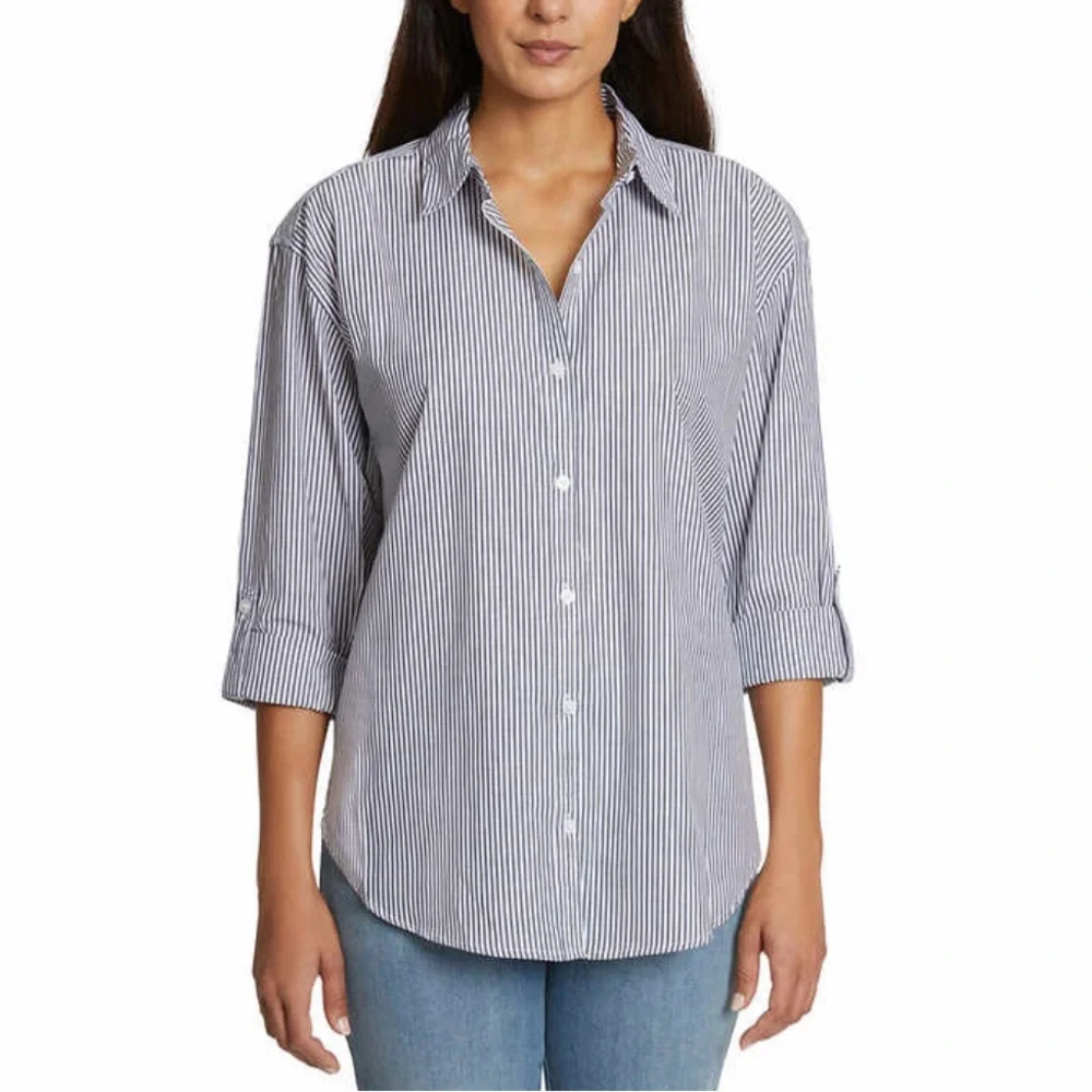 Gloria Vanderbilt dress shirt Small Navy striped - Picture 1 of 5